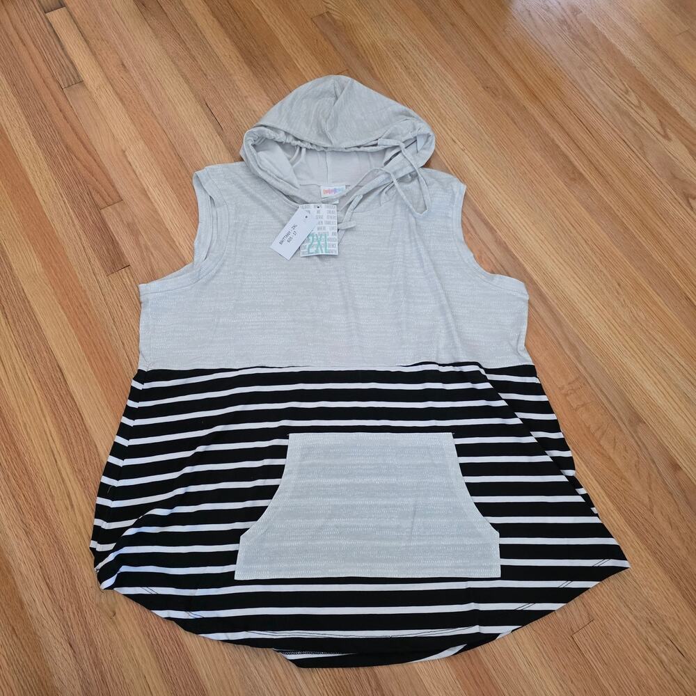 NWT LuLaRoe gray and black striped hooded Tank sz 2XL